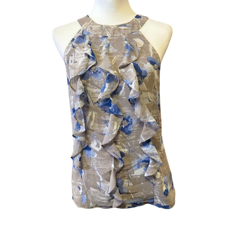 ann taylor sleeve layered blue and tan floral blouse womens size 2